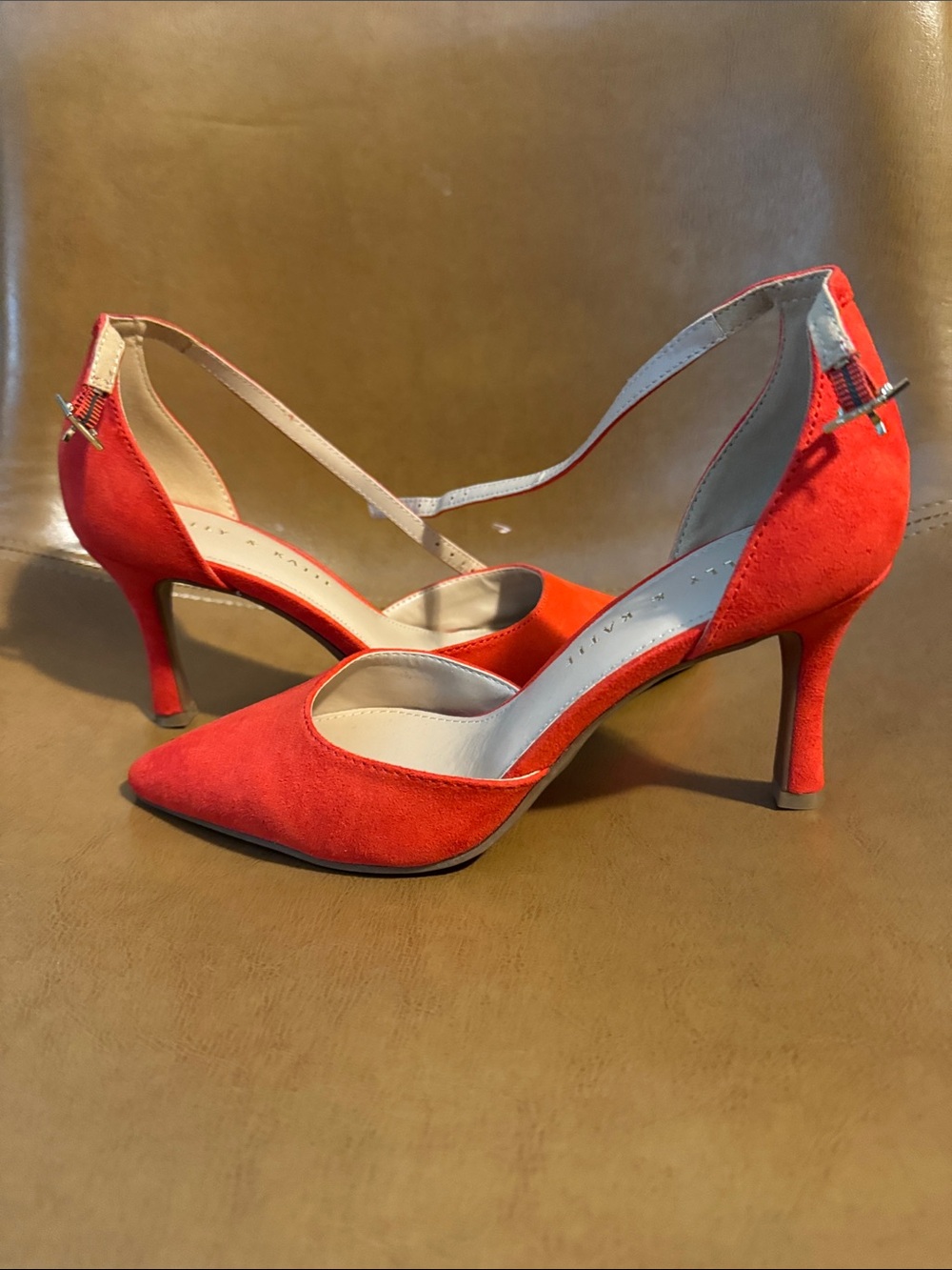 Red Suede Pointed-Toe Mid Heel Pumps with Ankle Strap